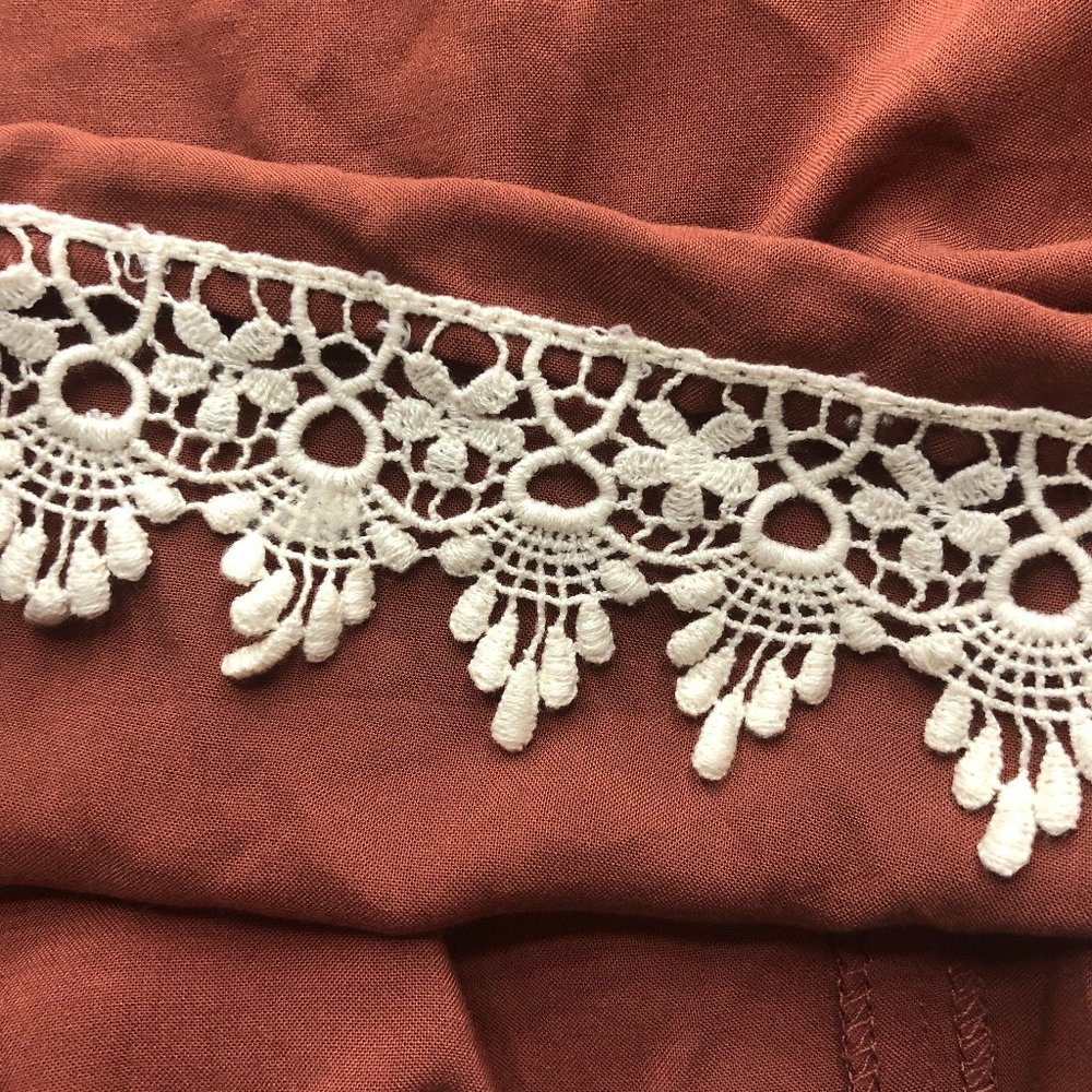 Forever 21 Rust Lace-Hem Boho Blouse | Long Sleeve | Size S - Picture 8 of 11